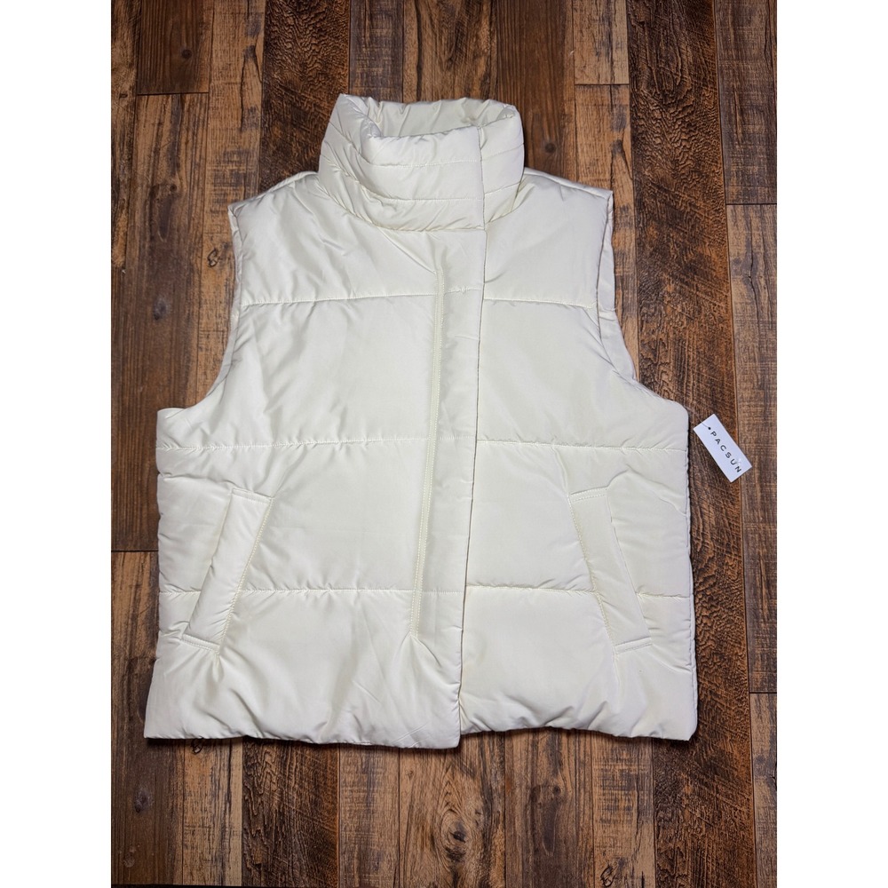 Pacsun Ivory Puffer Vest Womens Medium Sleeveless Quilted‎ Padded Mock Neck NEW